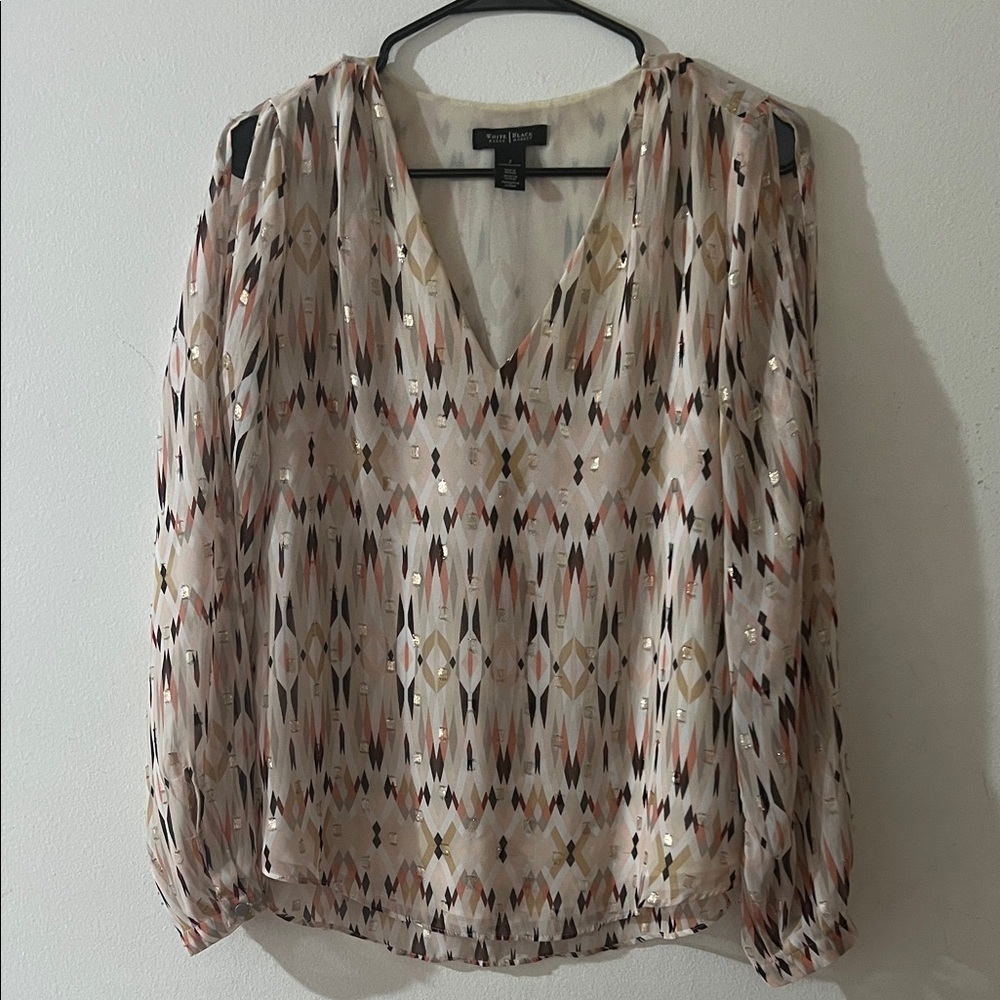 VERO MODA Cream Geo-Print V-Neck Long Sleeve Top with Metallic Accents